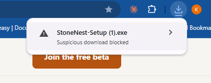 Chrome's download bubble showing Suspicious download blocked