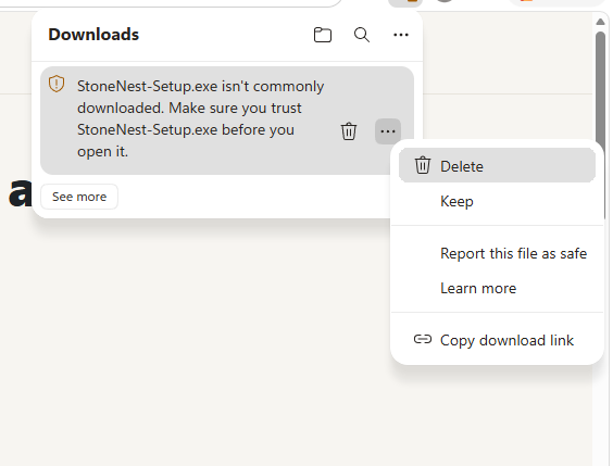 Edge Downloads flyout with the ... menu open, showing the Keep option