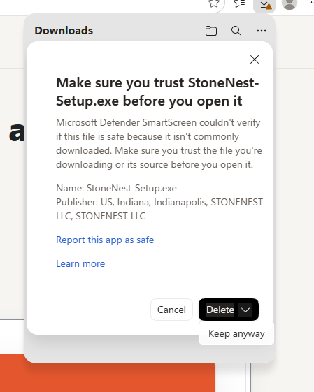 Edge's trust dialog showing Publisher STONENEST LLC and the Keep anyway option