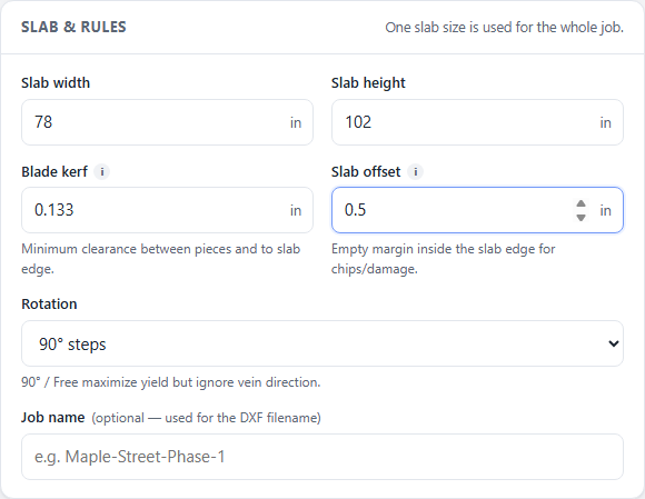 StoneNest settings panel showing kerf and slab edge offset fields next to a nested layout