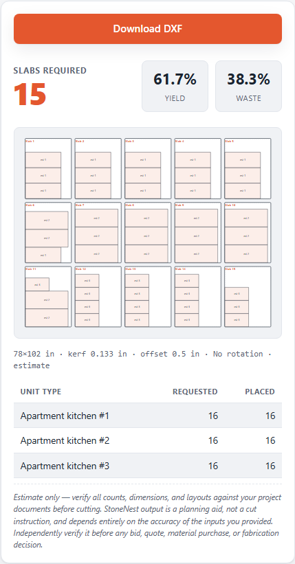 StoneNest layout preview showing pieces held to a Vein Flow aligned rotation policy