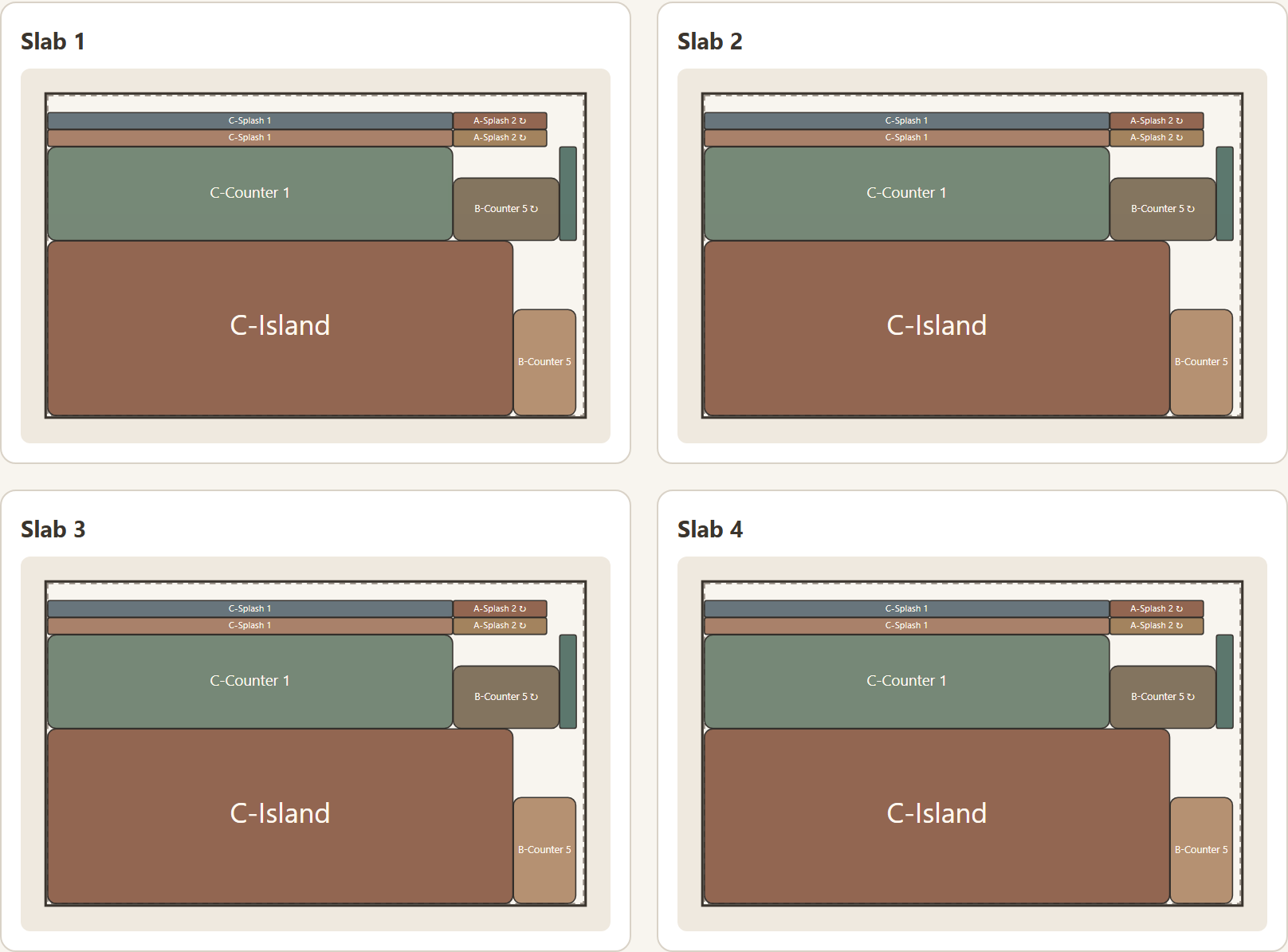 StoneNest nested layout showing countertop piece outlines packed onto slab rectangles